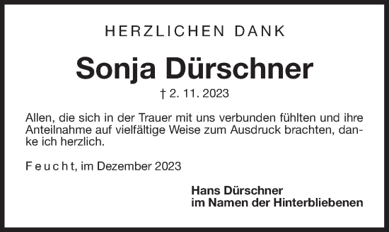 Traueranzeige von Sonja Dürschner von Der Bote