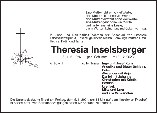 Traueranzeige von Theresia Inselsberger von Der Bote