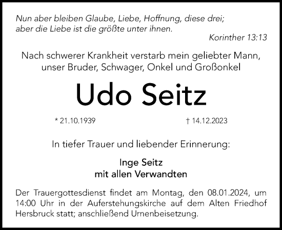 Traueranzeige von Udo Seitz von Hersbrucker Zeitung Lokal