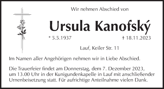 Traueranzeige von Ursula Kanofský von Pegnitz-Zeitung