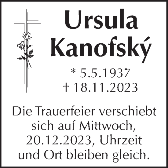 Traueranzeige von Ursula Kanofský von Pegnitz-Zeitung