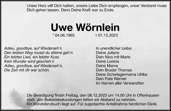 Traueranzeige von Uwe Wörnlein von Hersbrucker Zeitung Lokal
