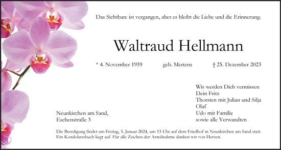 Traueranzeige von Waltraud Hellmann von Pegnitz-Zeitung