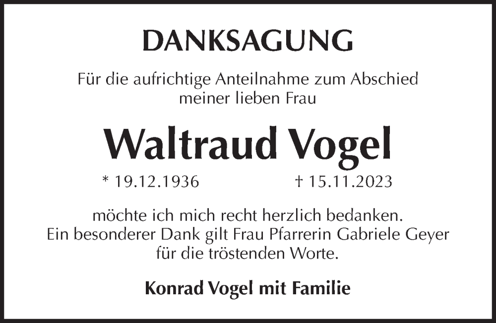  Traueranzeige für Waltraud Vogel vom 06.12.2023 aus Pegnitz-Zeitung