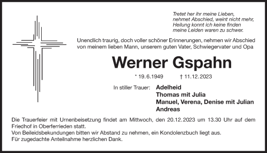 Traueranzeige von Werner Gspahn von Der Bote