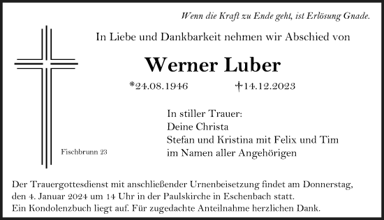 Traueranzeige von Werner  Luber von Hersbrucker Zeitung Lokal