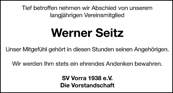 Traueranzeige von Werner Seitz von Hersbrucker Zeitung Lokal