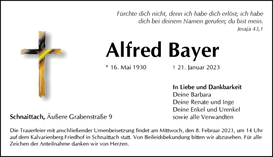 Traueranzeige von Alfred Bayer von Pegnitz-Zeitung
