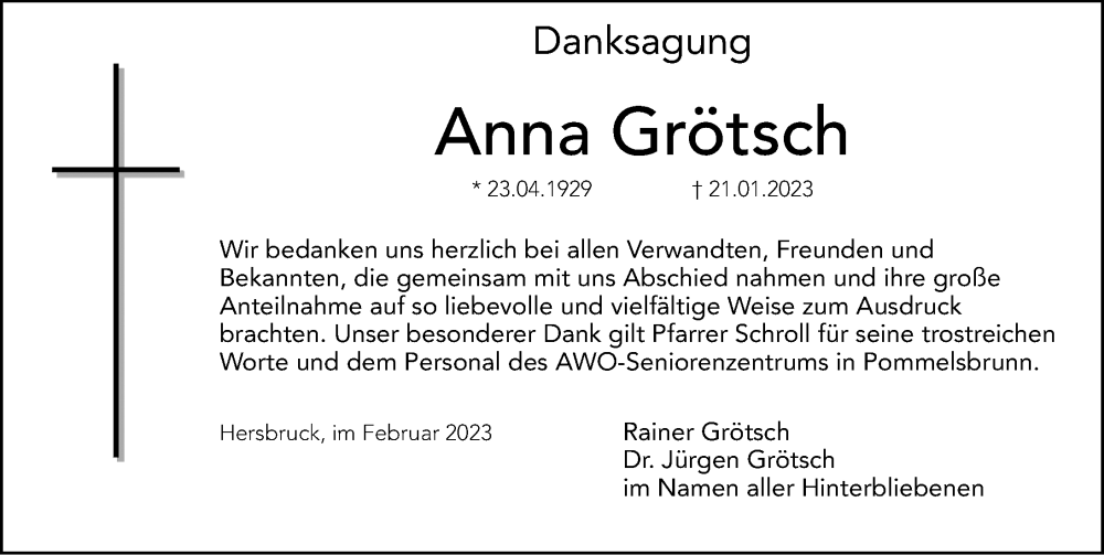  Traueranzeige für Anna Grötsch vom 03.02.2023 aus Hersbrucker Zeitung Lokal