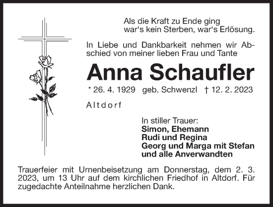 Traueranzeige von Anna Schaufler von Der Bote