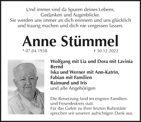 Traueranzeige von Anne Stümmel von Pegnitz-Zeitung