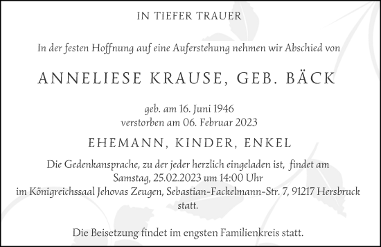 Traueranzeige von Anneliese Krause von Hersbrucker Zeitung Lokal