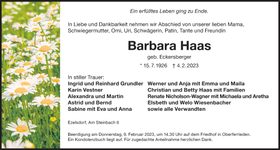 Traueranzeige von Barbara Haas von Der Bote