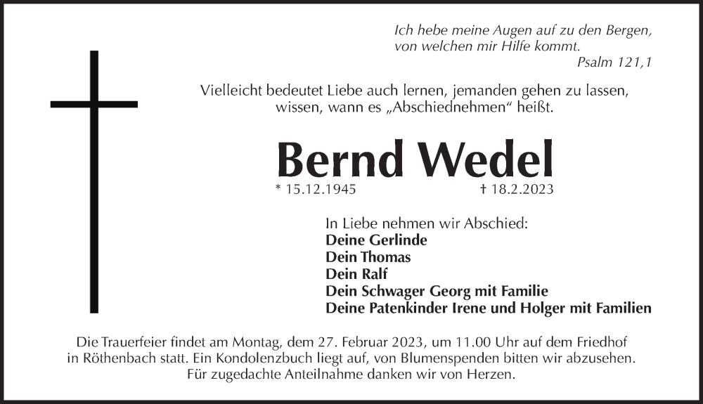  Traueranzeige für Bernd Wedel vom 22.02.2023 aus Pegnitz-Zeitung