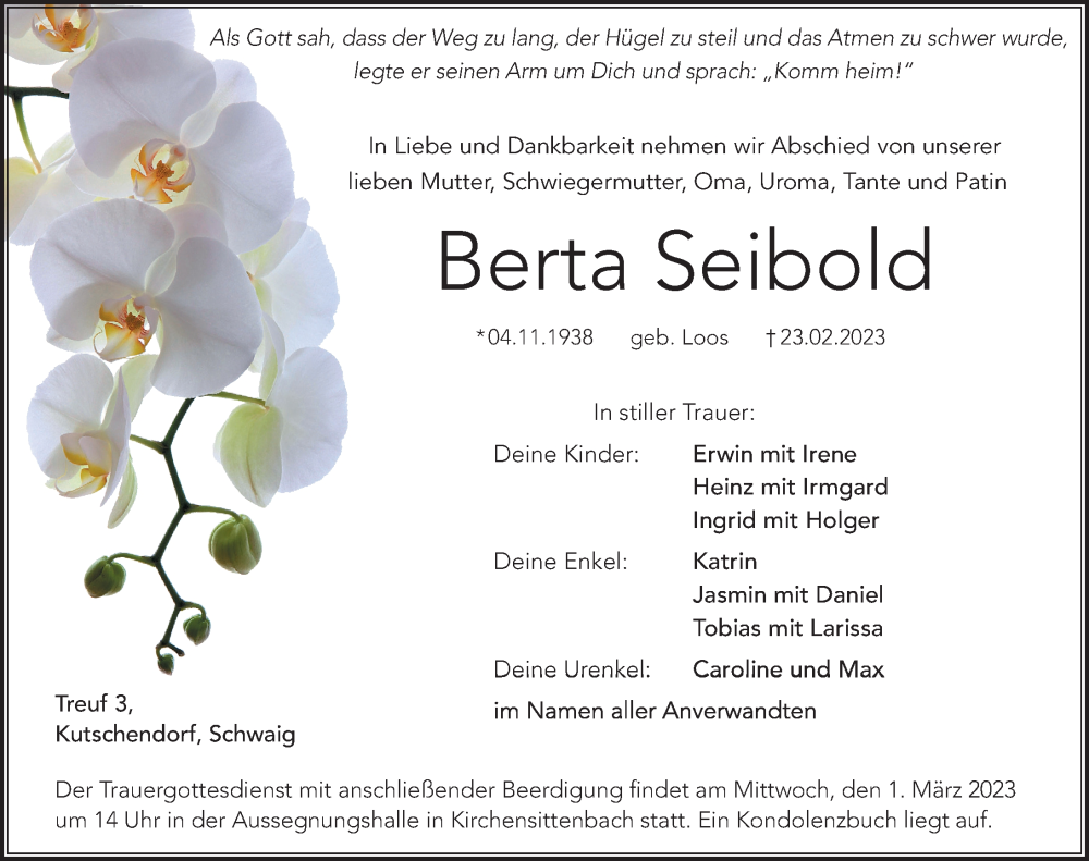  Traueranzeige für Berta Seibold vom 27.02.2023 aus Hersbrucker Zeitung Lokal