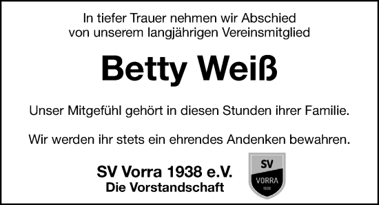 Traueranzeige von Betty Weiß von Hersbrucker Zeitung Lokal