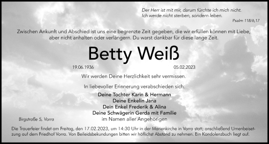 Traueranzeige von Betty Weiß von Hersbrucker Zeitung Lokal