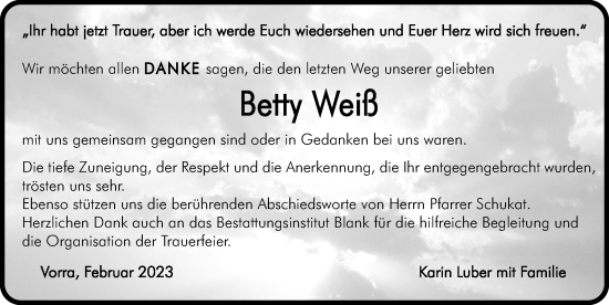Traueranzeige von Betty Weiß von Hersbrucker Zeitung Lokal