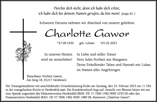 Traueranzeige von Charlotte Gawor von Hersbrucker Zeitung Lokal