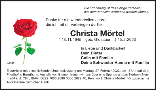 Traueranzeige von Christa Mörtel von Der Bote