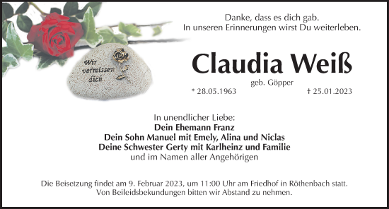 Traueranzeige von Claudia Weiß von Pegnitz-Zeitung