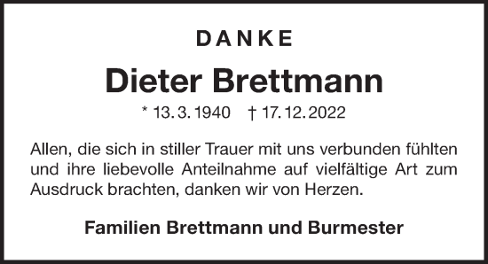 Traueranzeige von Dieter Brettmann von Der Bote