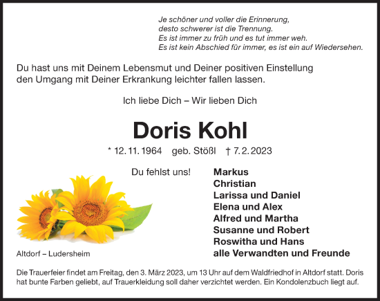 Traueranzeige von Doris Kohl von Der Bote