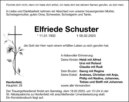 Traueranzeige von Elfriede Schuster von Hersbrucker Zeitung Lokal