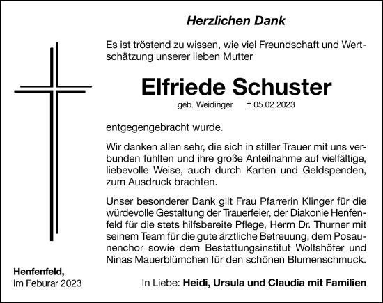 Traueranzeige von Elfriede Schuster von Hersbrucker Zeitung Lokal
