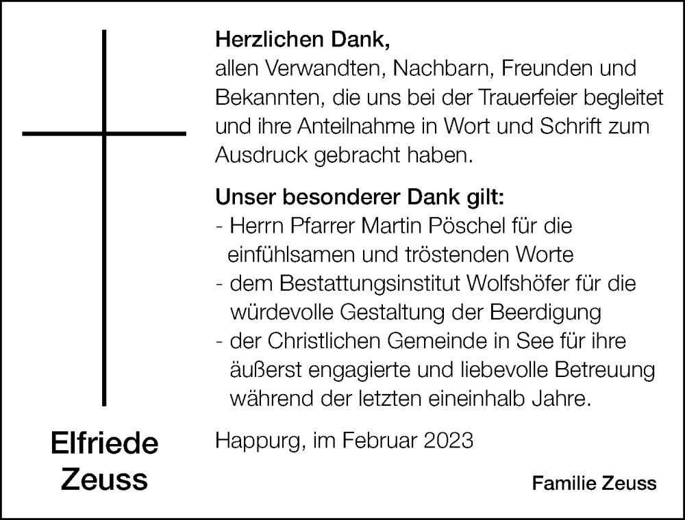  Traueranzeige für Elfriede Zeuss vom 11.02.2023 aus Hersbrucker Zeitung Lokal