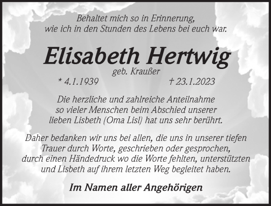 Traueranzeige von Elisabeth Hertwig von Pegnitz-Zeitung
