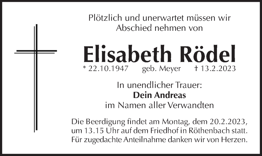 Traueranzeige für Elisabeth Rödel vom 15.02.2023 aus Pegnitz-Zeitung
