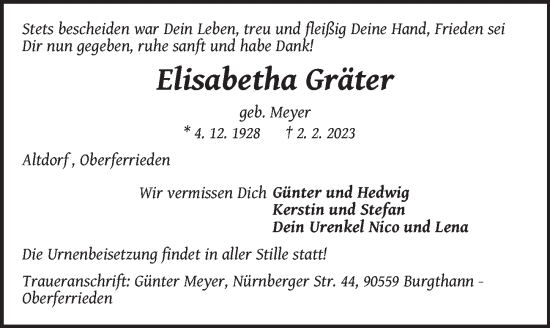 Traueranzeige von Elisabetha Gräter von Der Bote