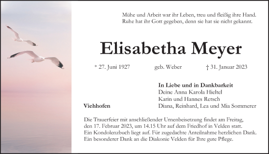 Traueranzeige von Elisabetha Meyer von Hersbrucker Zeitung Lokal