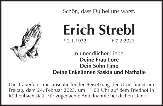 Traueranzeige von Erich Strebl von Pegnitz-Zeitung