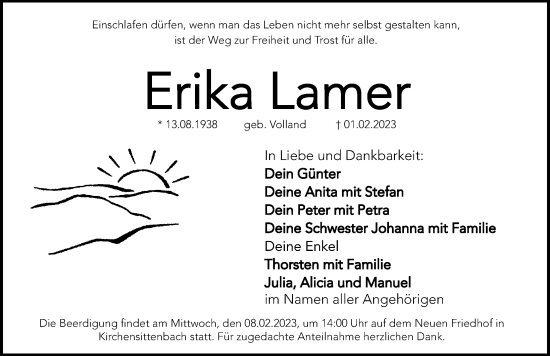 Traueranzeige von Erika Lamer von Hersbrucker Zeitung Lokal