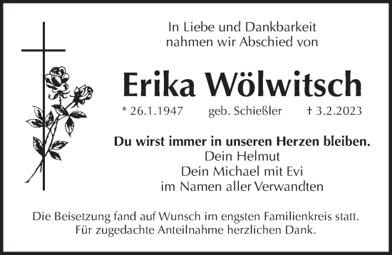 Traueranzeige von Erika Wölwitsch von Pegnitz-Zeitung