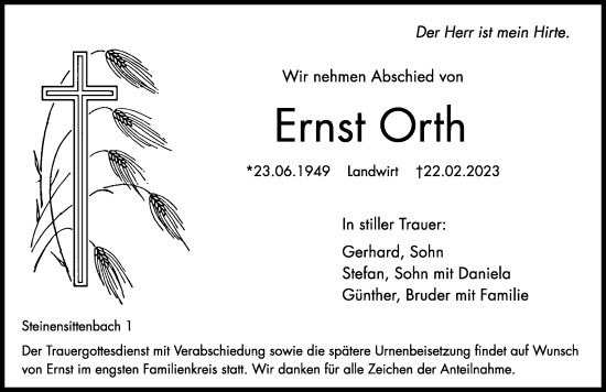 Traueranzeige von Ernst Orth von Hersbrucker Zeitung Lokal