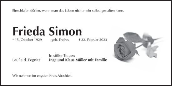 Traueranzeige von Frieda Simon von Pegnitz-Zeitung