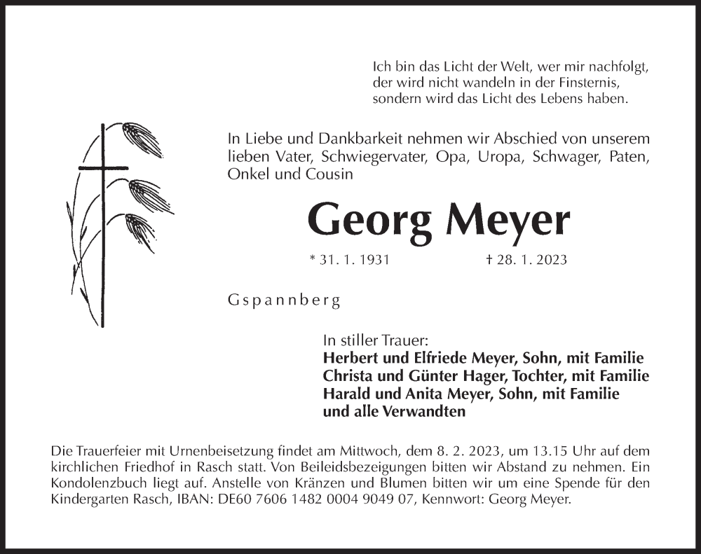  Traueranzeige für Georg Meyer vom 04.02.2023 aus Der Bote