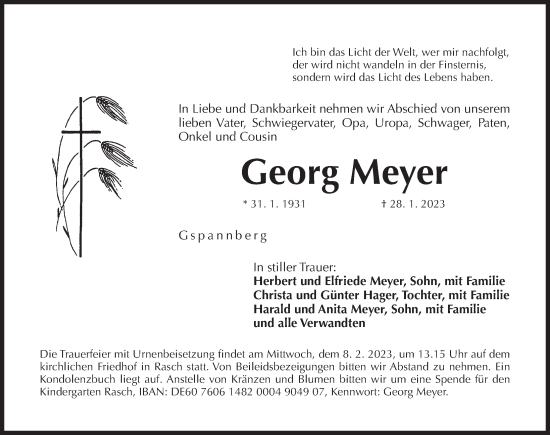 Traueranzeige von Georg Meyer von Der Bote