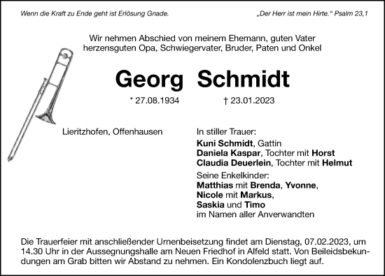 Traueranzeige von Georg Schmidt von Hersbrucker Zeitung Lokal
