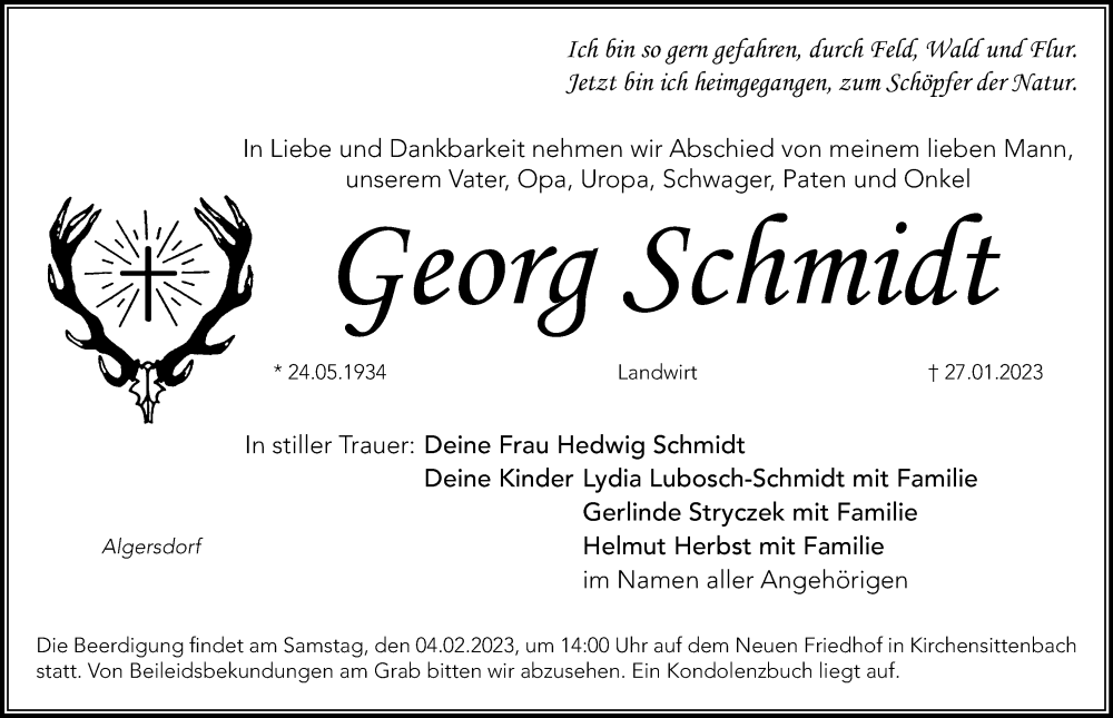 Traueranzeige für Georg Schmidt vom 01.02.2023 aus Hersbrucker Zeitung Lokal
