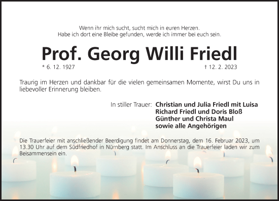Traueranzeige von Georg Willi Friedl von Der Bote