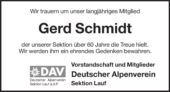 Traueranzeige von Gerd Schmidt von Pegnitz-Zeitung
