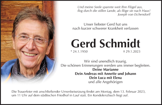 Traueranzeige von Gerd Schmidt von Pegnitz-Zeitung