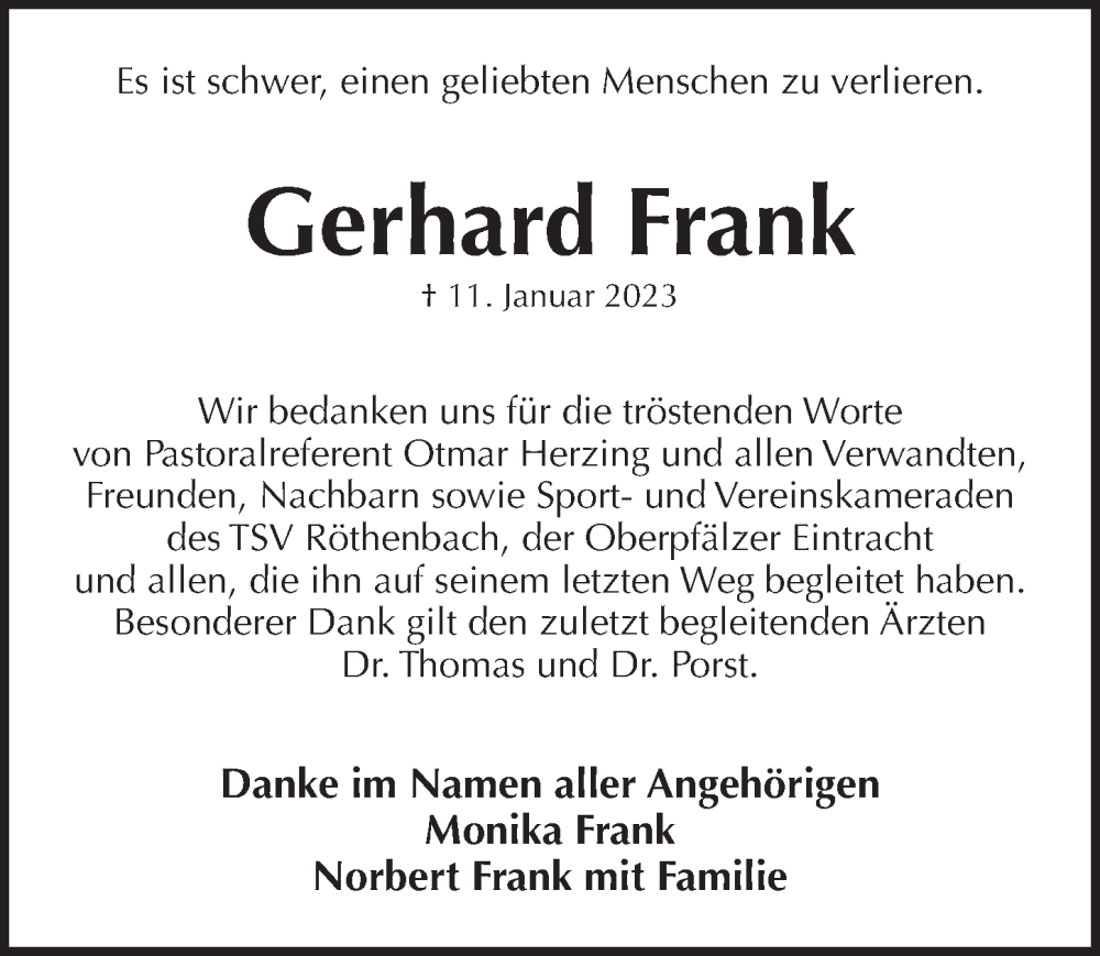 Traueranzeige für Gerhard Frank vom 04.02.2023 aus Pegnitz-Zeitung