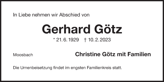 Traueranzeige von Gerhard Götz von Der Bote