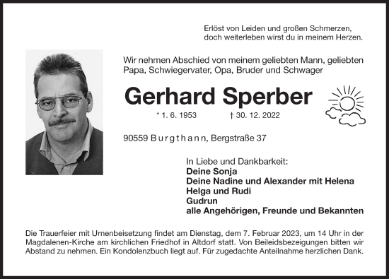 Traueranzeige von Gerhard Sperber von Der Bote