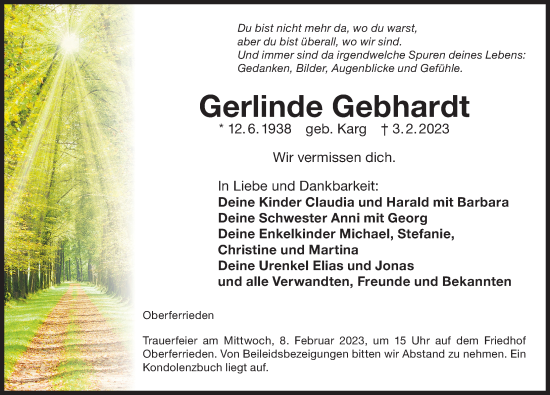 Traueranzeige von Gerlinde Gebhardt von Der Bote